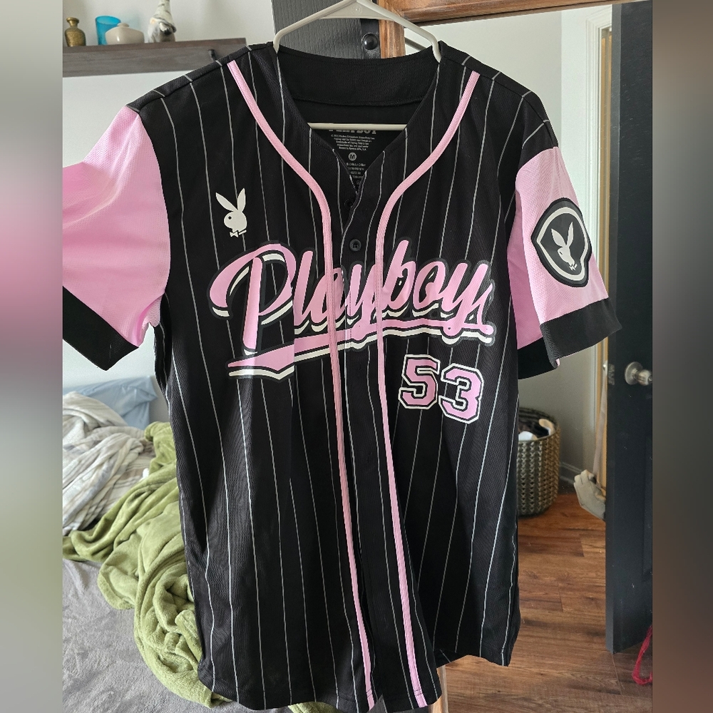 PLAYBOY Black and Pink Pinstripe Baseball Jersey - Picture 2 of 7